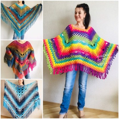 Rainbow Crochet Shawl Fringe, Poncho Women Men OOAK, Outlander Boho Lace Wraps Triangle Warm Scarf Multicolor Hand Knit vegan plus size coat