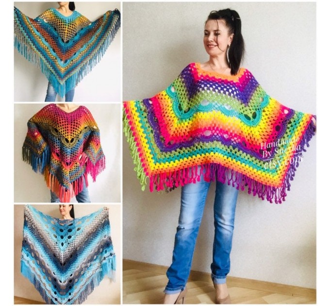  Rainbow Crochet Shawl Fringe, Poncho Women Men OOAK, Outlander Boho Lace Wraps Triangle Warm Scarf Multicolor Hand Knit vegan plus size coat  Shawl / Wraps  