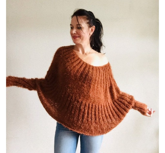 Burnt Orange Mohair Sweater, Loose Knit Sweater Poncho Woman, White Oversized Sexy Wool Sweater Off Shoulder Faux Fur, Crochet Poncho