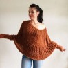 Burnt Orange Mohair Sweater, Loose Knit Sweater Poncho Woman, White Oversized Sexy Wool Sweater Off Shoulder Faux Fur, Crochet Poncho