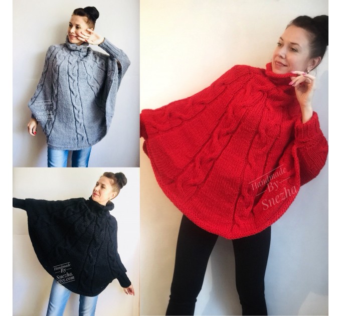  Hand knit poncho Women Crochet poncho XL sweater Knit Gray XXL poncho Black wool poncho Knit cable poncho Ivory knit poncho X Beige wrap Red  Poncho  7