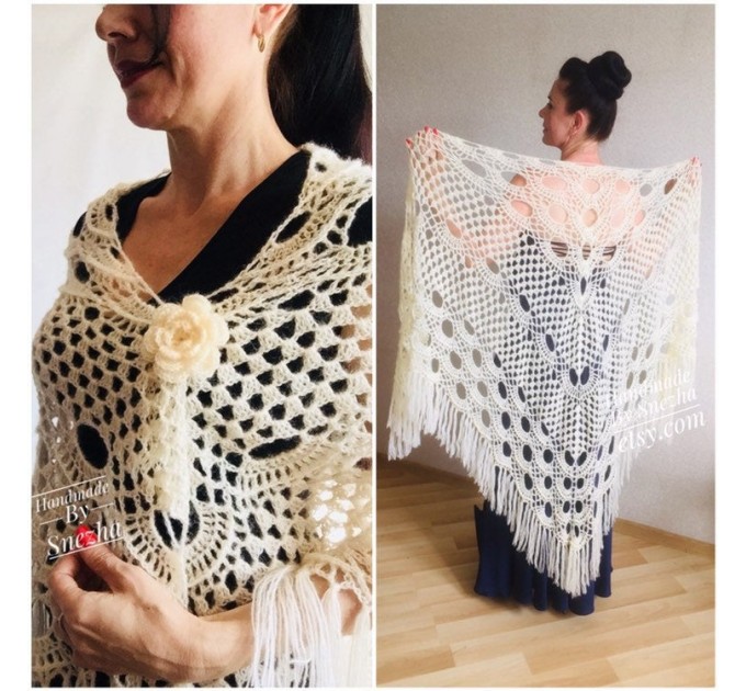  Ivory Wedding shawl, Bridesmaid shawl, Bridal Shawl Wedding Cape Crochet Lace Shawl Wrap Triangle fringe Hand Knit Wool Mother of groom gift  Shawl / Wraps  