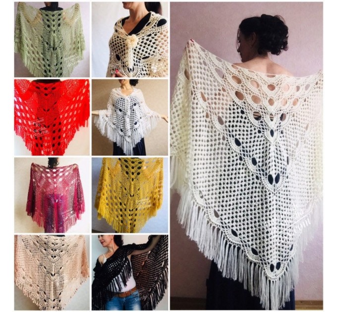  Ivory Wedding shawl, Bridesmaid shawl, Bridal Shawl Wedding Cape Crochet Lace Shawl Wrap Triangle fringe Hand Knit Wool Mother of groom gift  Shawl / Wraps  6