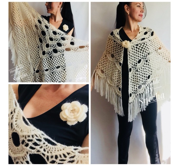  Ivory Wedding shawl, Bridesmaid shawl, Bridal Shawl Wedding Cape Crochet Lace Shawl Wrap Triangle fringe Hand Knit Wool Mother of groom gift  Shawl / Wraps  7