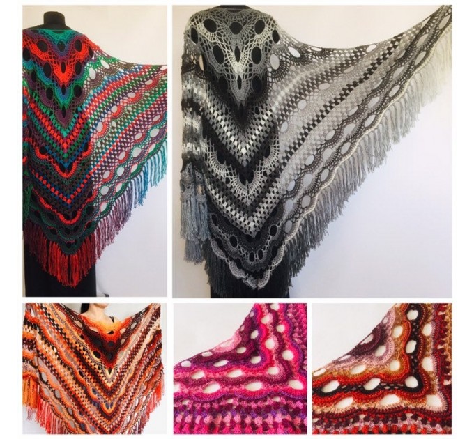  Black Outlander Crochet Shawl Wraps Fringe Burnt Orange Gift pin brooch Triangle Boho Rainbow Shawl Multicolor Hand Knitted Evening Shawl  Shawl / Wraps  