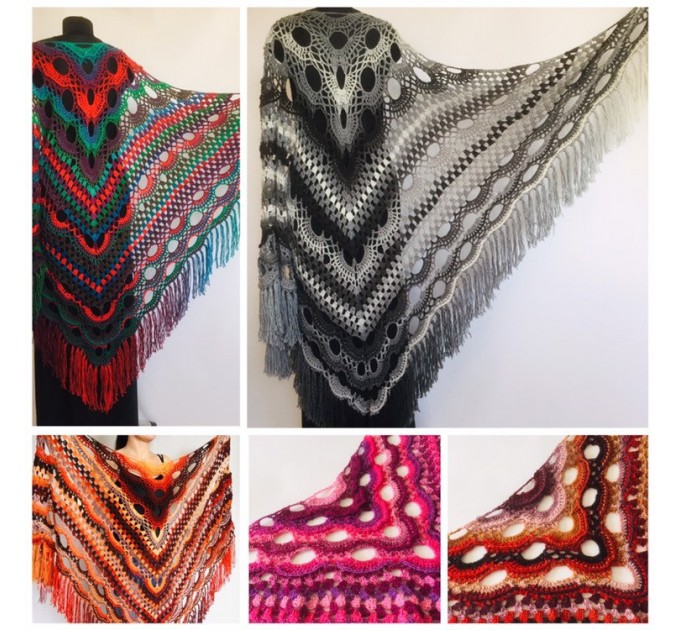  Black Outlander Crochet Shawl Wraps Fringe Burnt Orange Gift pin brooch Triangle Boho Rainbow Shawl Multicolor Hand Knitted Evening Shawl  Shawl / Wraps  1