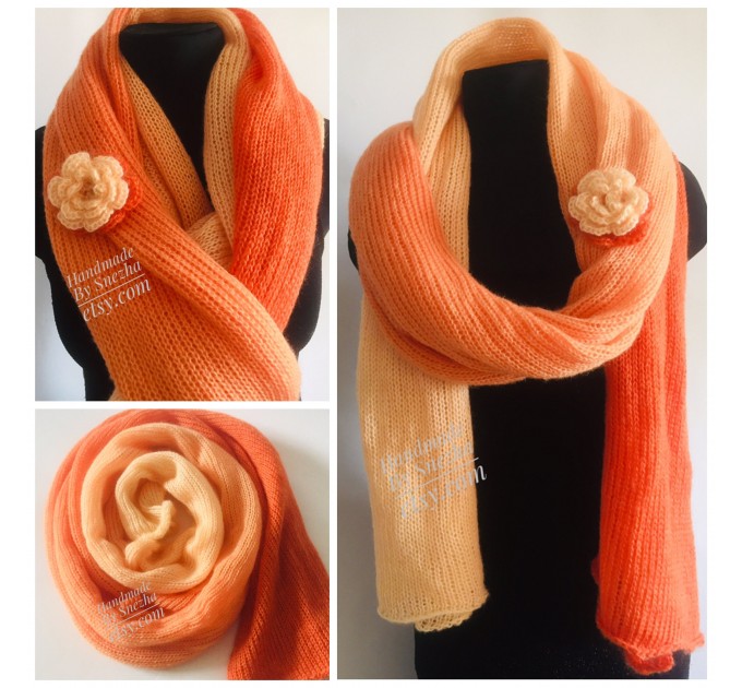  Burnt Orange hand knit scarf women mohair, Knitted Lace Gradient shawl wraps, Warm scarf men, Floral light oversized scarf long striped   Mohair / Alpaca  