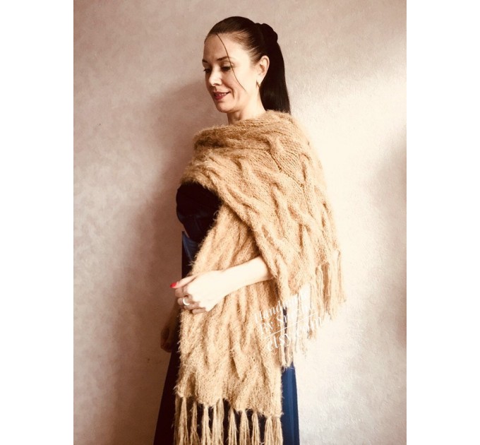  Hand Knit Scarf with Fringes, Cable Knit Scarf Chunky Womens Fringed Scarf Long Winter Scarf Ivory Wool Scarf Crochet Shawl Wrap with Fringe  Faux Fur  