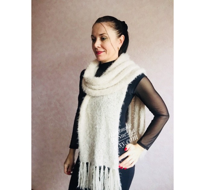  Hand Knit Scarf with Fringes, Cable Knit Scarf Chunky Womens Fringed Scarf Long Winter Scarf Ivory Wool Scarf Crochet Shawl Wrap with Fringe  Faux Fur  7