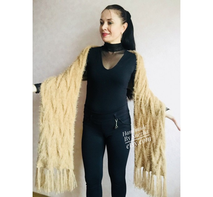  Hand Knit Scarf with Fringes, Cable Knit Scarf Chunky Womens Fringed Scarf Long Winter Scarf Ivory Wool Scarf Crochet Shawl Wrap with Fringe  Faux Fur  8