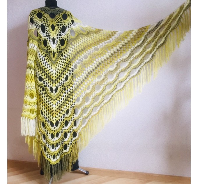 Olive Crochet Shawl Poncho Women Fringe Green Mohair Big Size Triangle Shawl Gradient Blue Alpaca Long Hand knit Bohemian Hand Knit Shawl