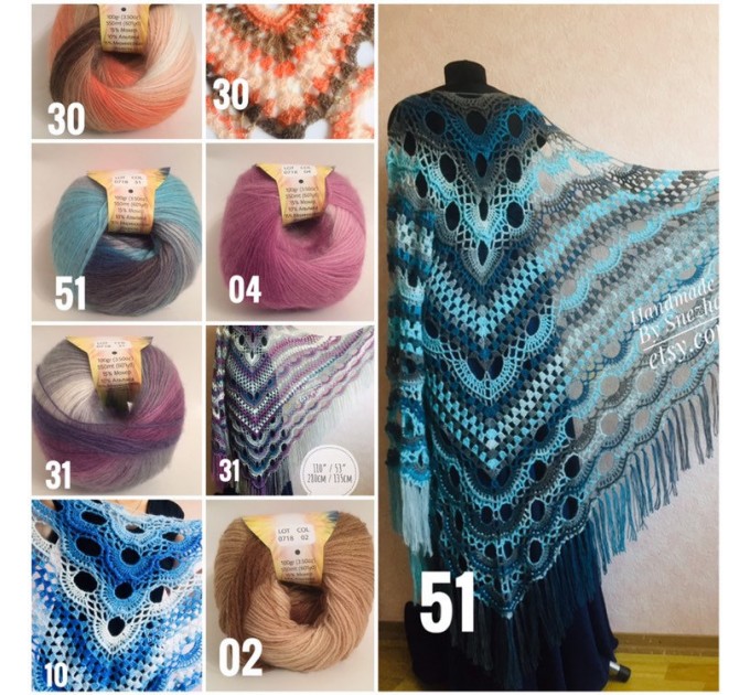 Olive Crochet Shawl Poncho Women Fringe Green Mohair Big Size Triangle Shawl Gradient Blue Alpaca Long Hand knit Bohemian Hand Knit Shawl