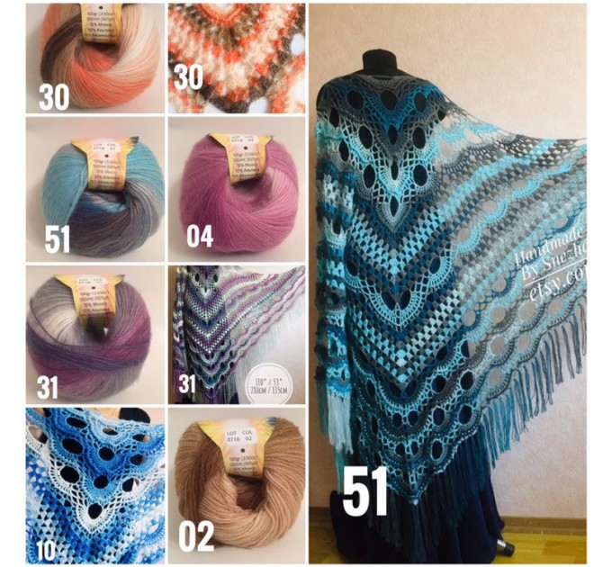  Olive Crochet Shawl Poncho Women Fringe Green Mohair Big Size Triangle Shawl Gradient Blue Alpaca Long Hand knit Bohemian Hand Knit Shawl  Shawl / Wraps  4