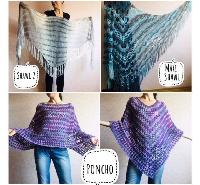 Olive Crochet Shawl Poncho Women Fringe Green Mohair Big Size Triangle Shawl Gradient Blue Alpaca Long Hand knit Bohemian Hand Knit Shawl