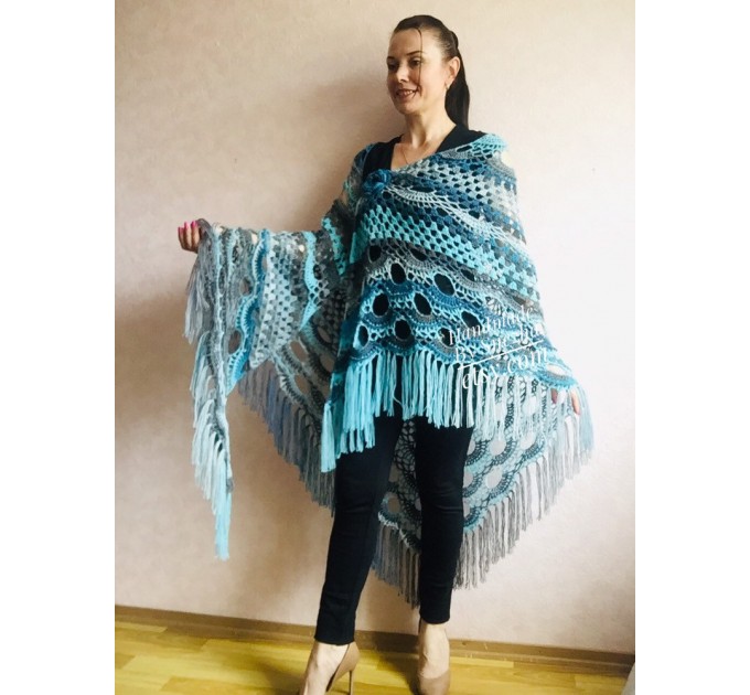 Olive Crochet Shawl Poncho Women Fringe Green Mohair Big Size Triangle Shawl Gradient Blue Alpaca Long Hand knit Bohemian Hand Knit Shawl