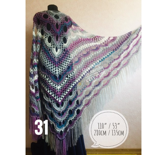 Olive Crochet Shawl Poncho Women Fringe Green Mohair Big Size Triangle Shawl Gradient Blue Alpaca Long Hand knit Bohemian Hand Knit Shawl
