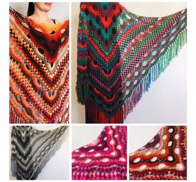  Crochet Shawl Wrap Virus Outlander Triangle Boho Shawl Fringe Large Multicolor Lace Shawl Hand Knit Evening Shawl Red Green Navy Blue Purple  Shawl / Wraps  