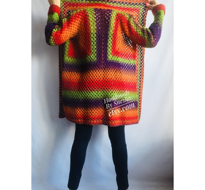 Burnt Orange Granny Square Knit Cardigan Women Wool Jacket Coat Green Violet Cardigan Rainbow Clothing Boho Open Front Long Cardigan
