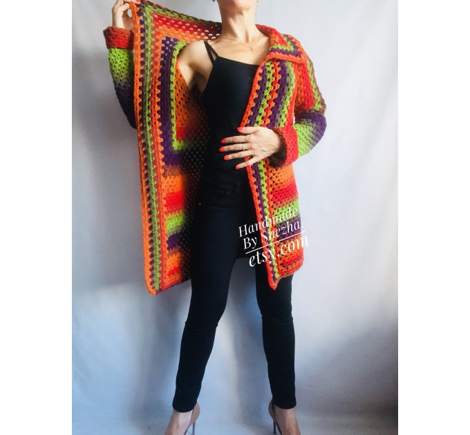  Burnt Orange Granny Square Knit Cardigan Women Wool Jacket Coat Green Violet Cardigan Rainbow Clothing Boho Open Front Long Cardigan  Jacket  3