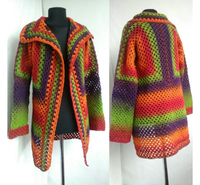  Burnt Orange Granny Square Knit Cardigan Women Wool Jacket Coat Green Violet Cardigan Rainbow Clothing Boho Open Front Long Cardigan  Jacket  5