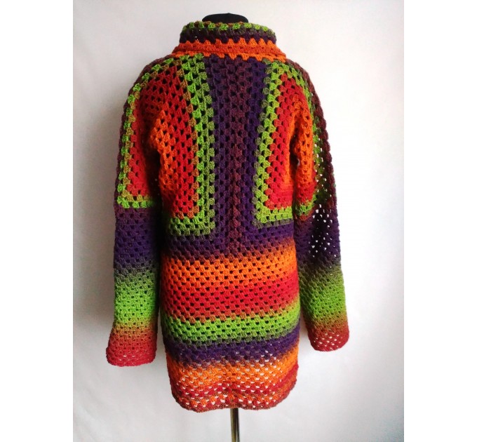  Burnt Orange Granny Square Knit Cardigan Women Wool Jacket Coat Green Violet Cardigan Rainbow Clothing Boho Open Front Long Cardigan  Jacket  7