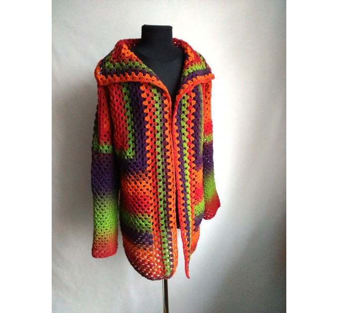  Burnt Orange Granny Square Knit Cardigan Women Wool Jacket Coat Green Violet Cardigan Rainbow Clothing Boho Open Front Long Cardigan  Jacket  8