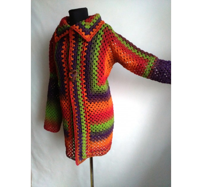  Burnt Orange Granny Square Knit Cardigan Women Wool Jacket Coat Green Violet Cardigan Rainbow Clothing Boho Open Front Long Cardigan  Jacket  9