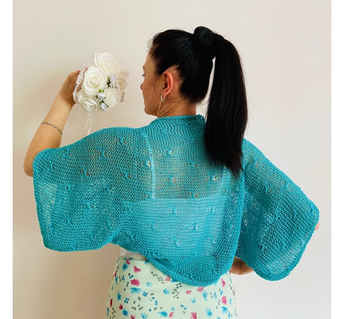  Turquoise Bolero Shrug  Jacket Short Sleeve Summer Women's Cotton Open Front Cardigan  Bolero / Shrug  