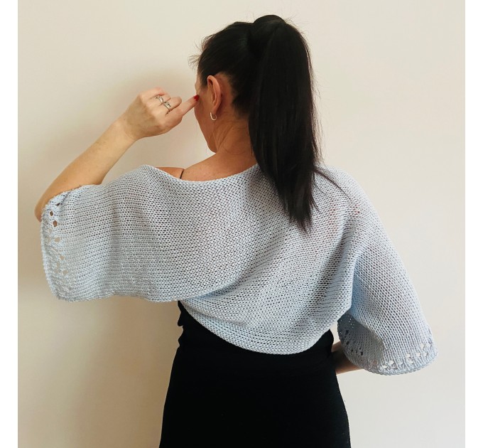  Blue Open Knit Boho Style Cotton Shrug, Handmade Bolero, Elbow Length Sleeve, Loose Knitted Shrug  Bolero / Shrug  11