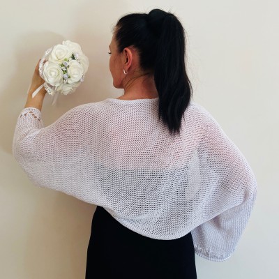 White Knit Bolero Lace Summer Shrug Crochet Eco Cotton Cardigan Lightweight Women Sweater Wedding Wrap Length Sleeve Cover Up Open Front