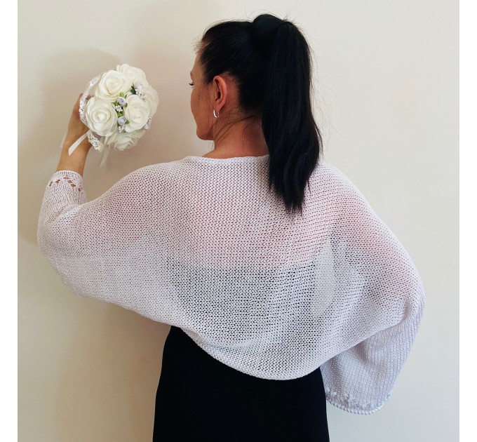  White Knit Bolero Lace Summer Shrug Crochet Eco Cotton Cardigan Lightweight Women Sweater Wedding Wrap Length Sleeve Cover Up Open Front  Bolero / Shrug  