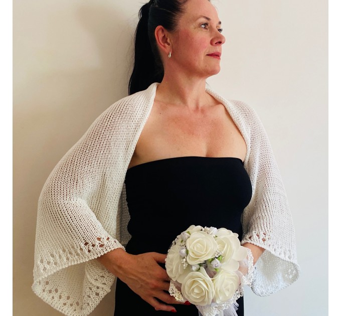 White Knit Bolero Lace Summer Shrug Crochet Eco Cotton Cardigan Lightweight Women Sweater Wedding Wrap Length Sleeve Cover Up Open Front