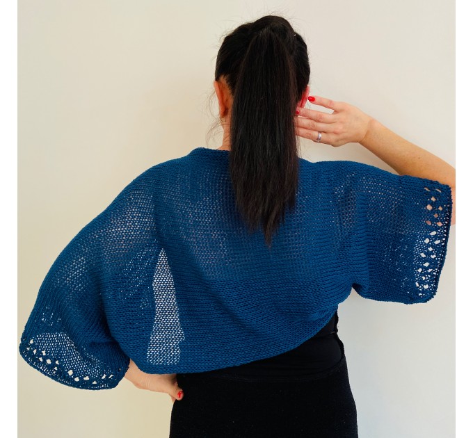  Blue Open Knit Boho Style Cotton Shrug, Handmade Bolero, Elbow Length Sleeve, Loose Knitted Shrug  Bolero / Shrug  5