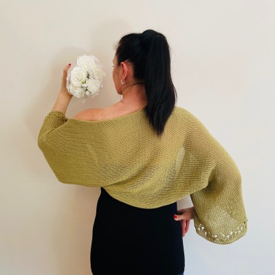 Olive Summer Bolero Long Sleeve Women's Open Front Shrug Cotton Crochet Cardigan
