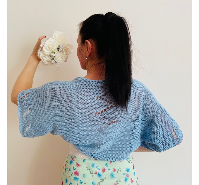 Blue Cotton Bolero Cardigan Short Sleeve Summer Women's Open Front Jacket Crochet