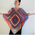 Rainbow Poncho Women, Granny square Patchwork Poncho Crochet Triangle Shawl Wraps Fringe, Plus size Festival Vegan Pride