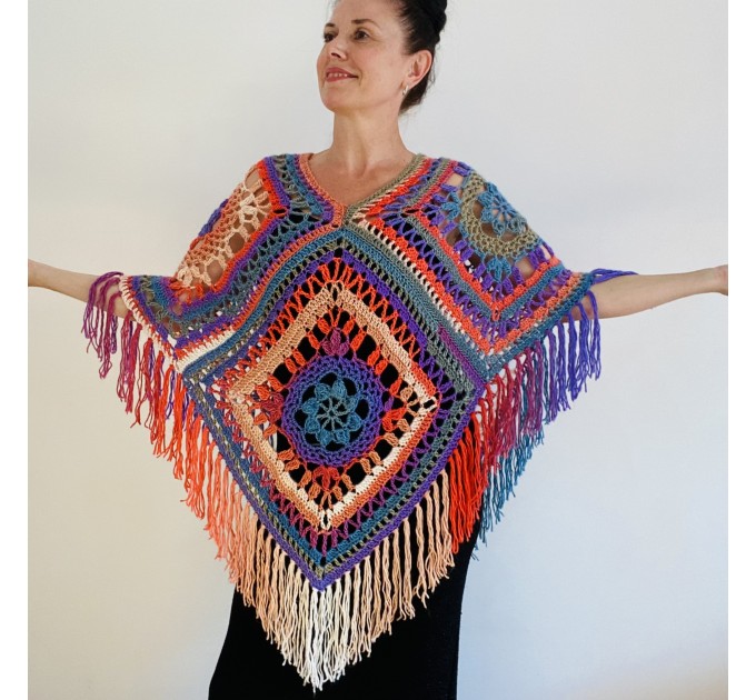  Multicolor Poncho Women, Crochet fringe vest, Crochet Triangle Shawl Wraps Fringe, Plus size Festival Wraps Vegan  Acrylic / Vegan  2