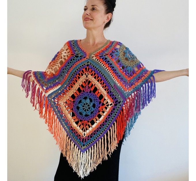  Rainbow Poncho Women, Granny square Patchwork Poncho Crochet Triangle Shawl Wraps Fringe, Plus size Festival Vegan Pride  Acrylic / Vegan  