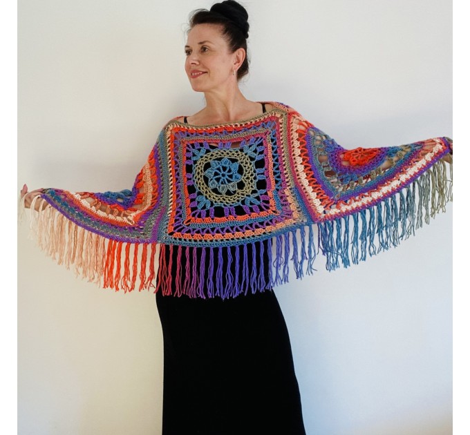  Rainbow Poncho Women, Granny square Patchwork Poncho Crochet Triangle Shawl Wraps Fringe, Plus size Festival Vegan Pride  Acrylic / Vegan  1