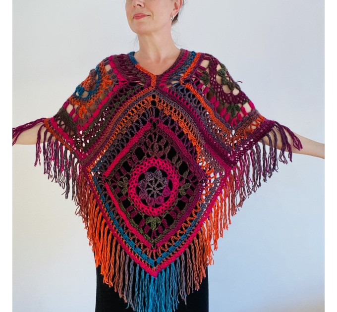  Rainbow Poncho Women, Granny square Patchwork Poncho Crochet Triangle Shawl Wraps Fringe, Plus size Festival Vegan Pride  Acrylic / Vegan  4