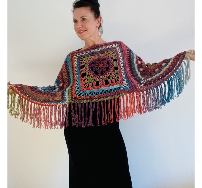  Multicolor Poncho Women, Crochet fringe vest, Crochet Triangle Shawl Wraps Fringe, Plus size Festival Wraps Vegan  Acrylic / Vegan  5