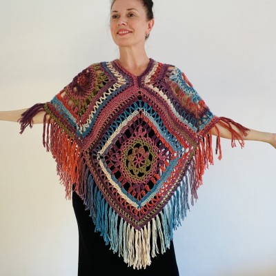 Poncho for women, Loose knitted openwork cape Plus size with cotton fringe, Lace Vegan Festival Girls Wraps, Multicolor poncho