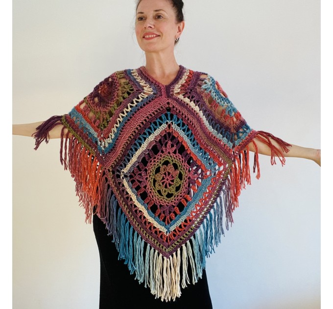Multicolor Poncho Women, Crochet fringe vest, Crochet Triangle Shawl Wraps Fringe, Plus size Festival Wraps Vegan