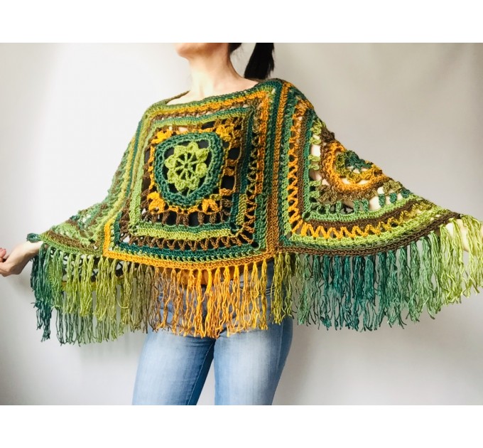  Green poncho women, Brown Plus size crochet cape wraps, Yellow Boho fringe vest Granny square, Vegan loose hand knit poncho  Acrylic / Vegan  1