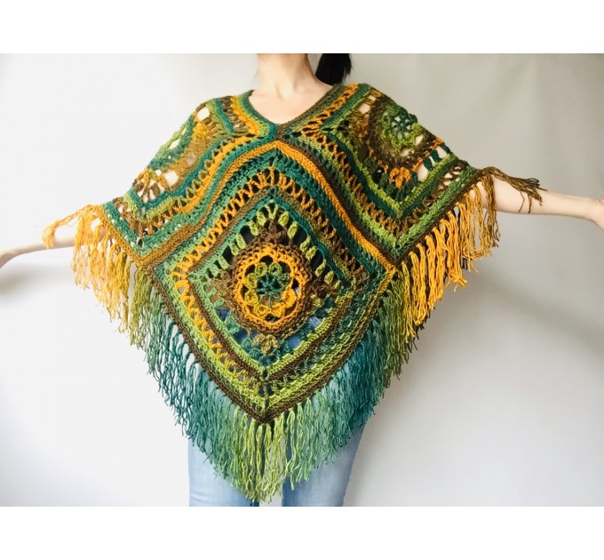  Multicolor Poncho Women, Crochet fringe vest, Crochet Triangle Shawl Wraps Fringe, Plus size Festival Wraps Vegan  Acrylic / Vegan  8