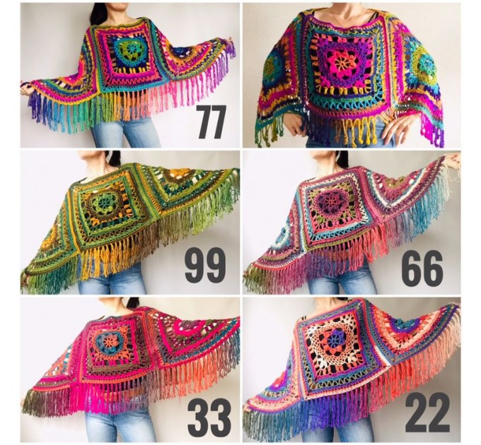 Multicolor Poncho Women, Crochet fringe vest, Crochet Triangle Shawl Wraps Fringe, Plus size Festival Wraps Vegan