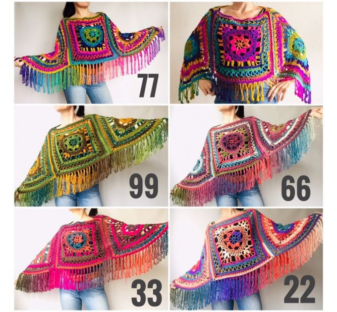  Rainbow Poncho Women, Granny square Patchwork Poncho Crochet Triangle Shawl Wraps Fringe, Plus size Festival Vegan Pride  Acrylic / Vegan  10