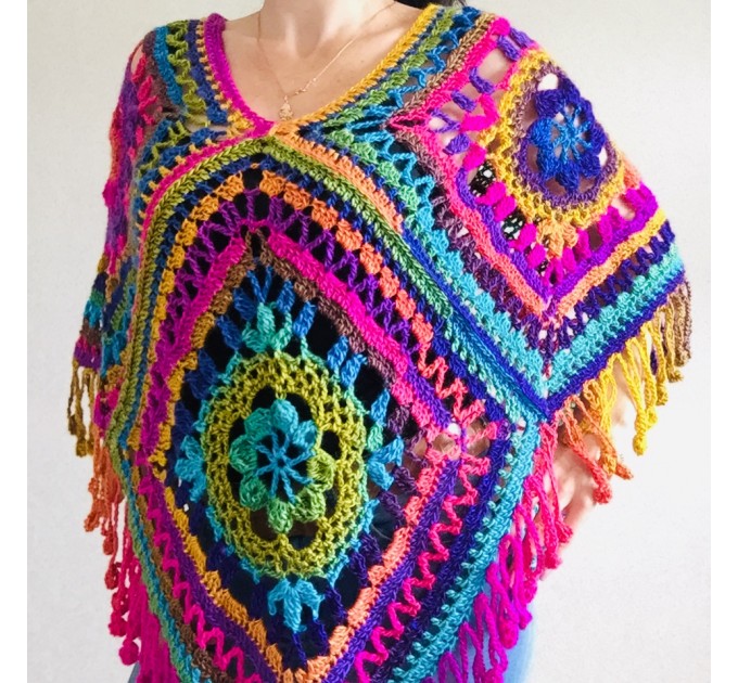  Rainbow poncho Granny square poncho festival clothes hippie poncho knit poncho crochet poncho women poncho cape coat fringe cape rainbow mexico poncho  Acrylic / Vegan  