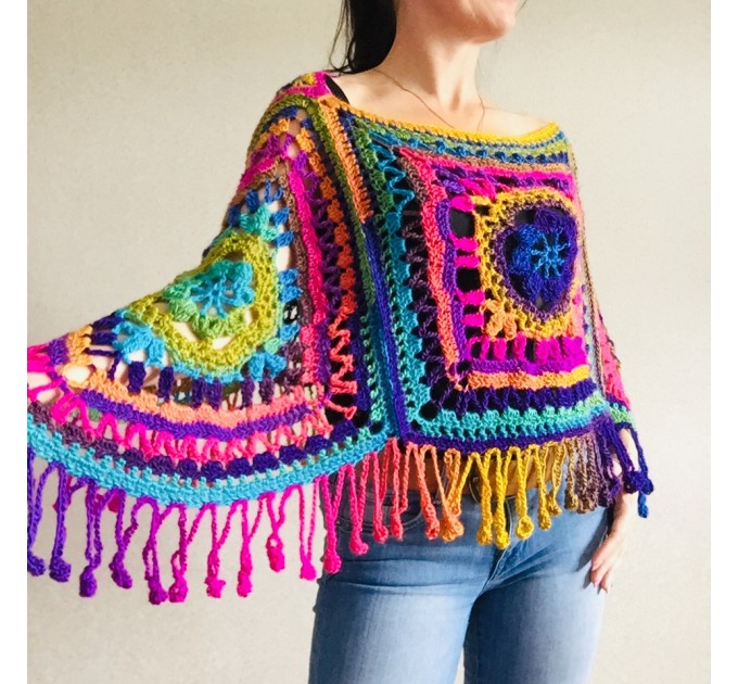  Poncho for women, Loose knitted openwork cape Plus size with cotton fringe, Lace Vegan Festival Girls Wraps, Multicolor poncho  Acrylic / Vegan  7