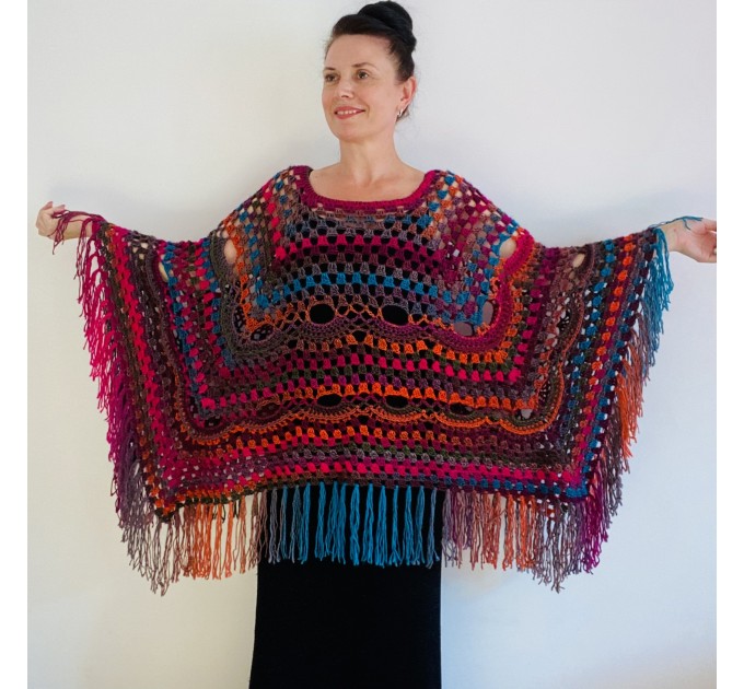 Rainbow Poncho Pride Women, Crochet outlander Triangle Shawl Wraps Fringe, Plus size Festival Vegan, Mom-Birthday-Gift-from-Daughter  Acrylic / Vegan  2